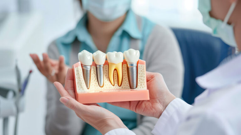 A dentist showing a model of implant dentistry